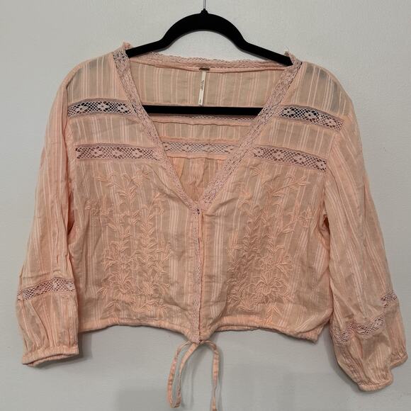 Free People Follow Your Heart Top Small Cropped V Neck Peach Boho Embroidered - Picture 2 of 5